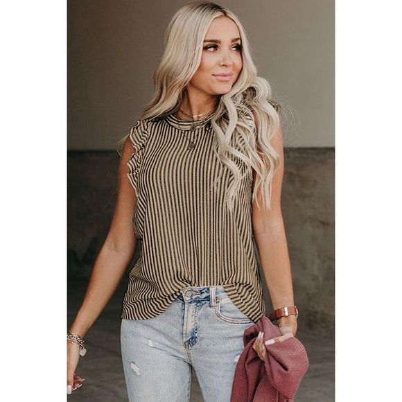 Azura Exchange  Khaki Striped Crew Neck Ruffled Tank Top - Picture 6 of 15